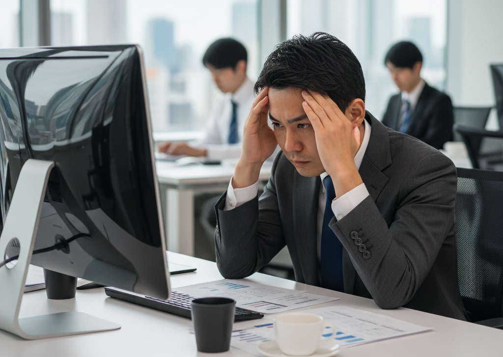 社員がPCで困っているイメージ