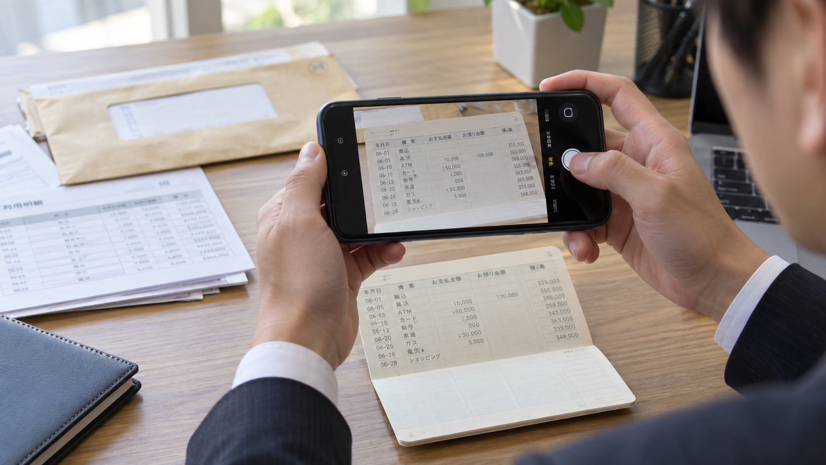 スマートフォンで紙の通帳を撮影する様子